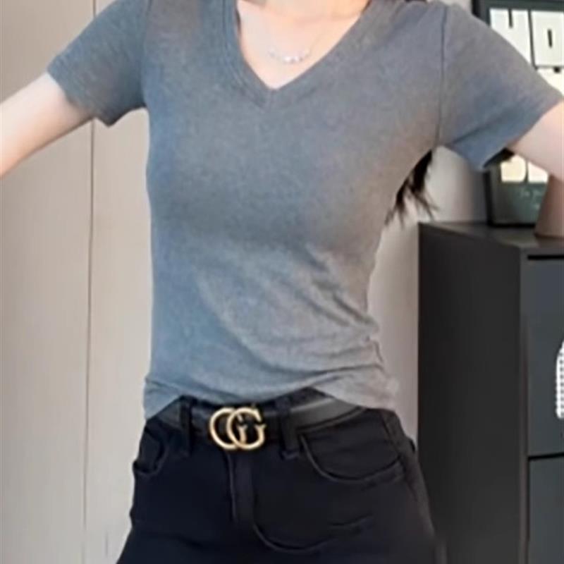 大码纯棉v领正肩短袖t恤打底衫2025新款夏季体恤显瘦遮肉上衣半袖