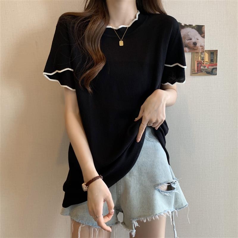 大码夏季遮肚子木耳边冰丝短袖t恤女胖妹妹宽松显瘦百搭针织上衣