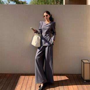 新款 上衣高腰阔腿休闲裤 气质休闲修身 衬衫 两件套 显瘦西装 港味秋季