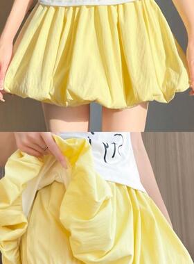 黄色花苞半身裙秋季薄款2025新款小个子高腰百褶短裙防走光蓬蓬裙