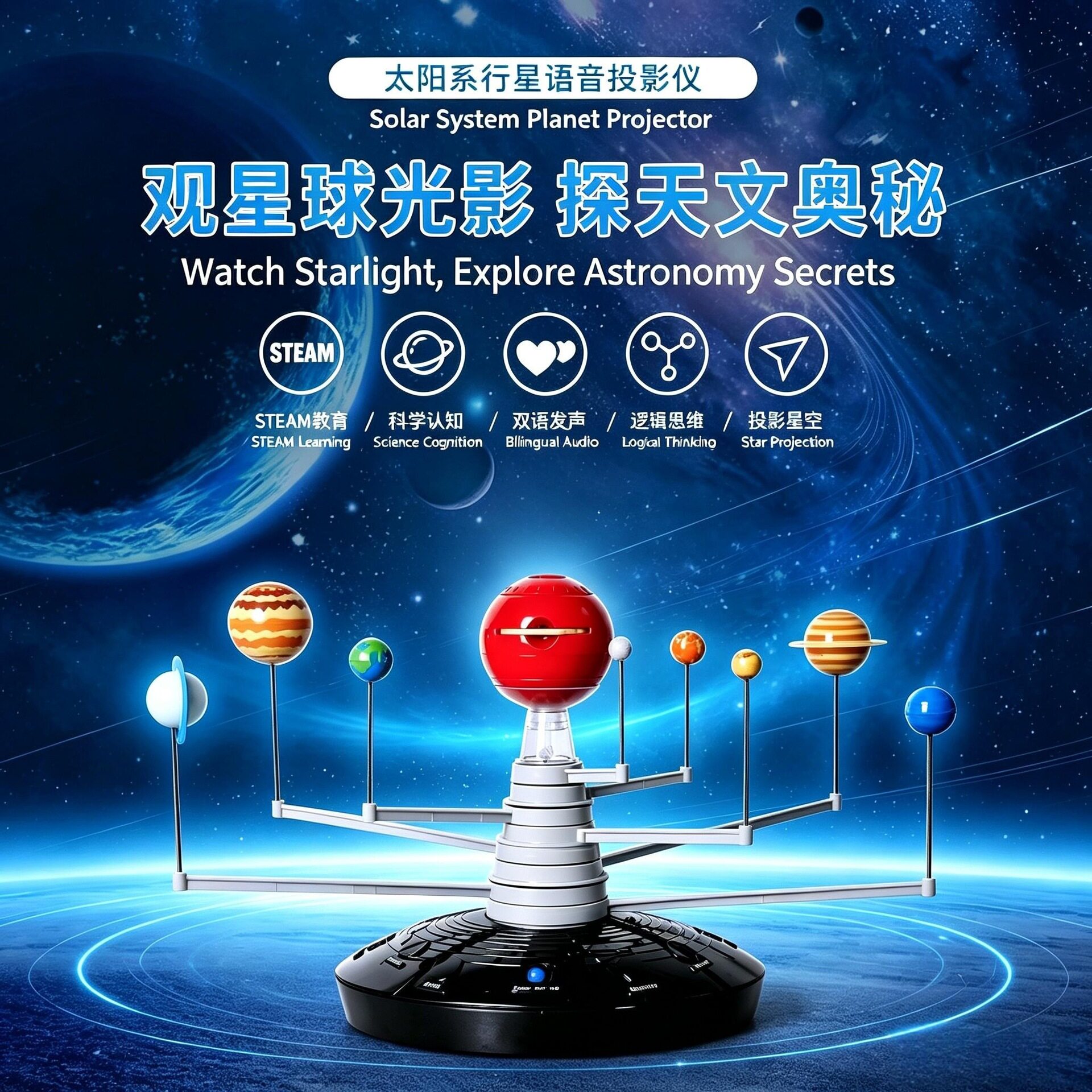 太阳系八大行星旋转模型语音旋转3D投影仪电动玩具儿童diy早教