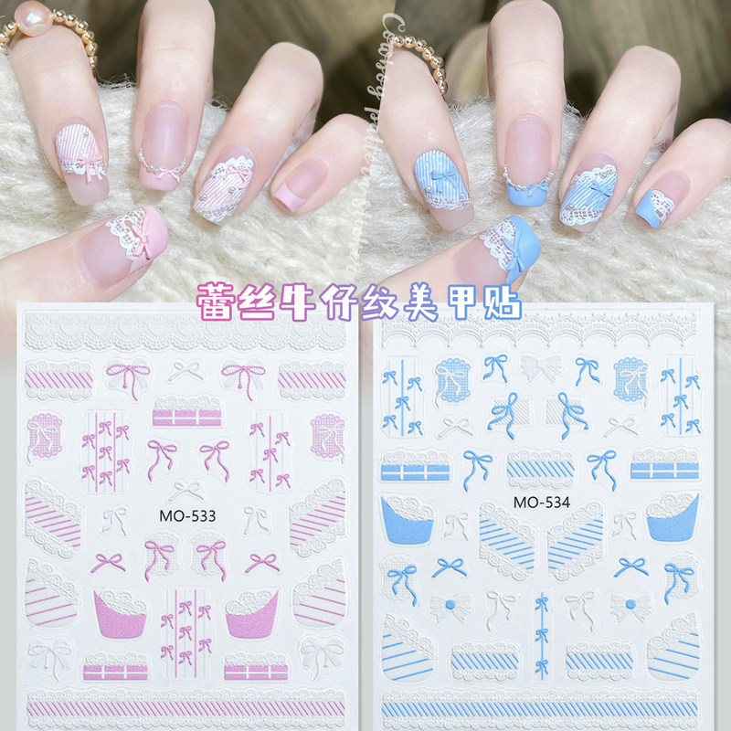 牛仔蕾丝蝴蝶结美甲贴纸