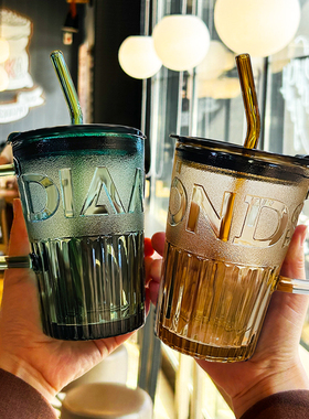 玻璃水杯女夏季带盖带吸管咖啡杯网红ins风办公室欧式复古牛奶杯