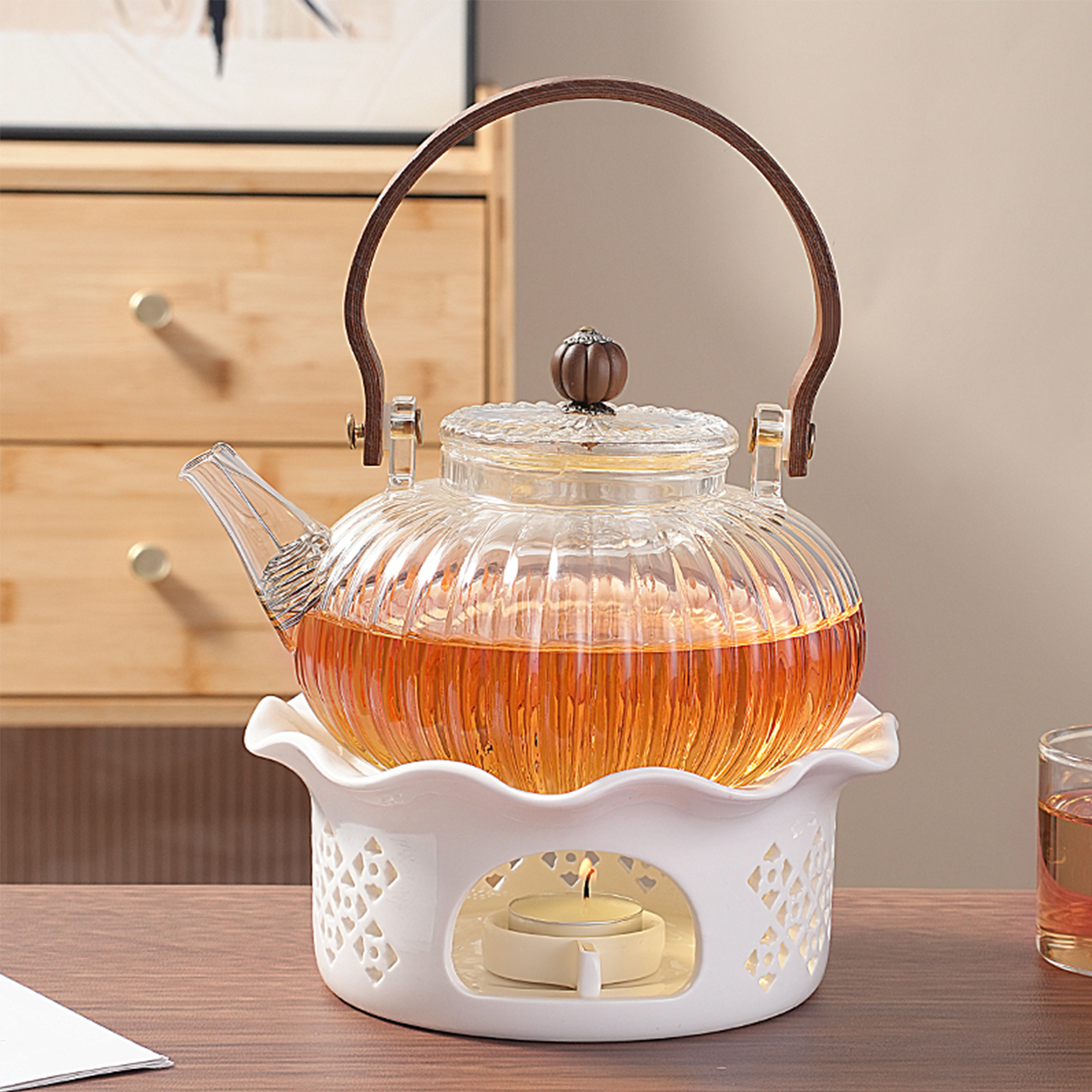 家用蜡烛煮茶炉玻璃提梁壶明火煮茶壶茶水保温围炉煮茶温茶炉套装