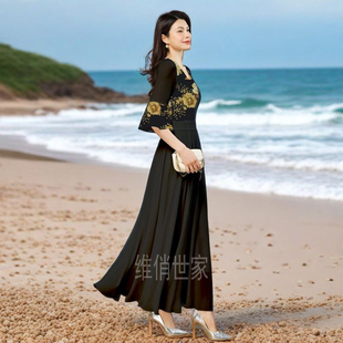 心语泉2026夏季新款女装黑色印花长袖连衣裙宽松显瘦气质百搭裙子
