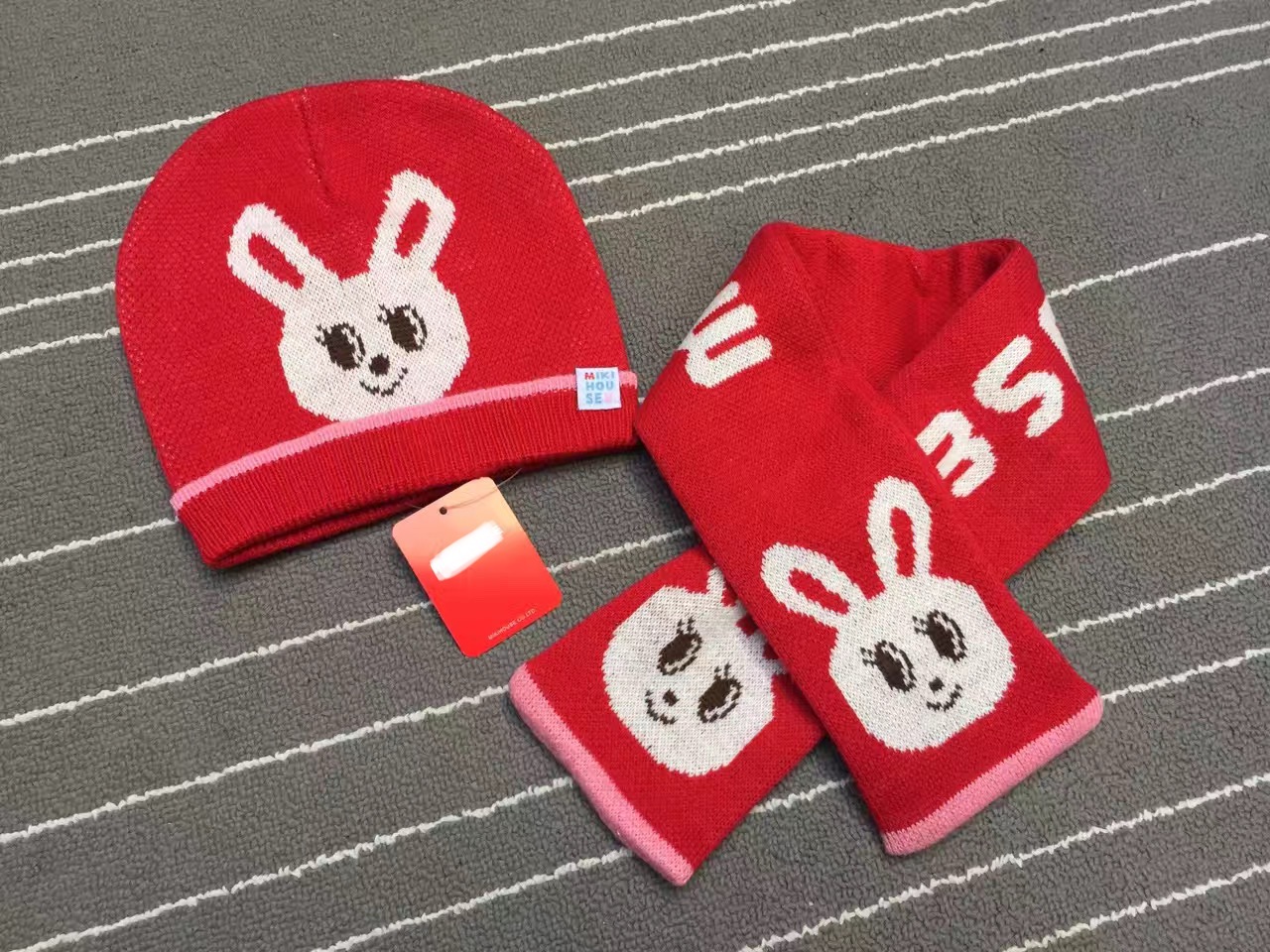 日系原单女童小兔秋冬针织帽子围巾两件套套装白色毛绒编织兔围脖