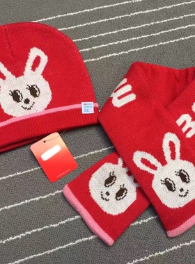 日系跟单女童小兔秋冬针织帽子围巾两件套套装白色毛绒编织兔围脖