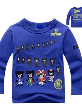 男童日单春秋款黑熊大学贴布及双面印花纯棉磨毛蓝色长袖T恤现货