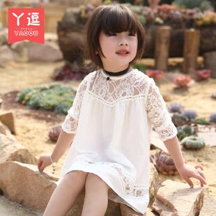丫逗女童春秋季连衣裙新款女宝宝蕾丝花边白色裙子中小童装2-7岁