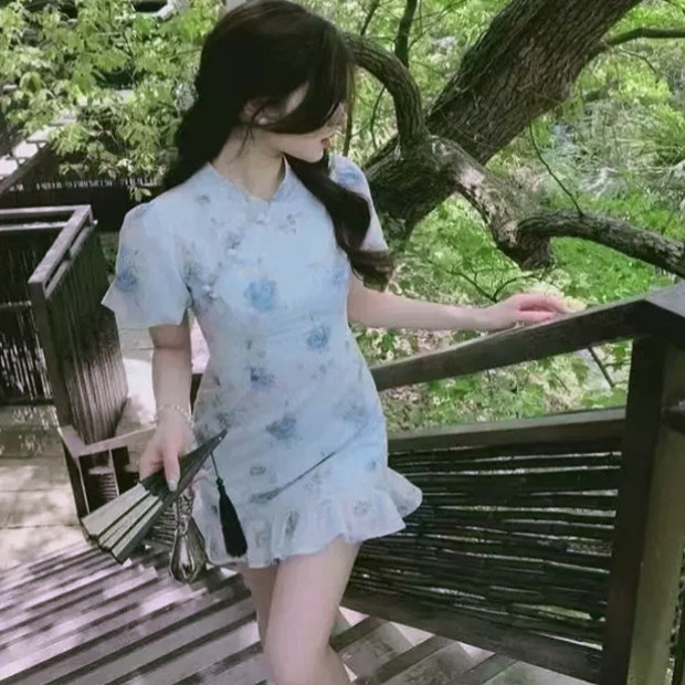 新款显瘦小个子旗袍国风碎花裙