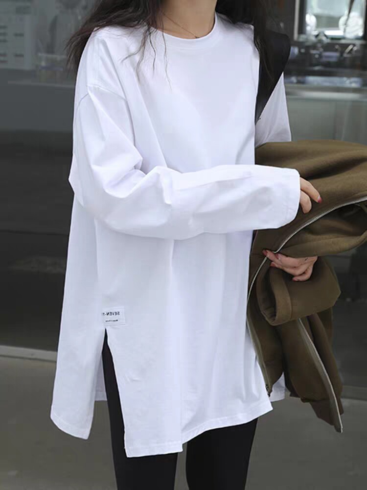 白色中长款打底衫女装2023年新款内搭初秋女上衣大码宽松长袖t恤