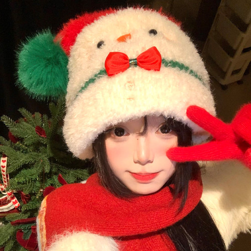 可爱圣诞雪人毛绒针织帽女秋冬季