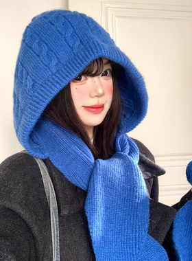 蓝色毛球针织巴拉克拉法帽女秋冬