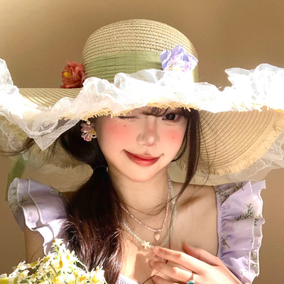 法式蕾丝花朵蝴蝶结草帽女夏海边