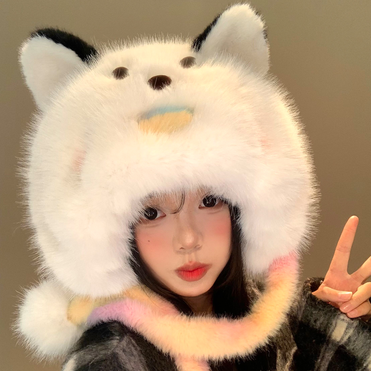 可爱彩色绑带猫咪耳朵毛绒帽女冬