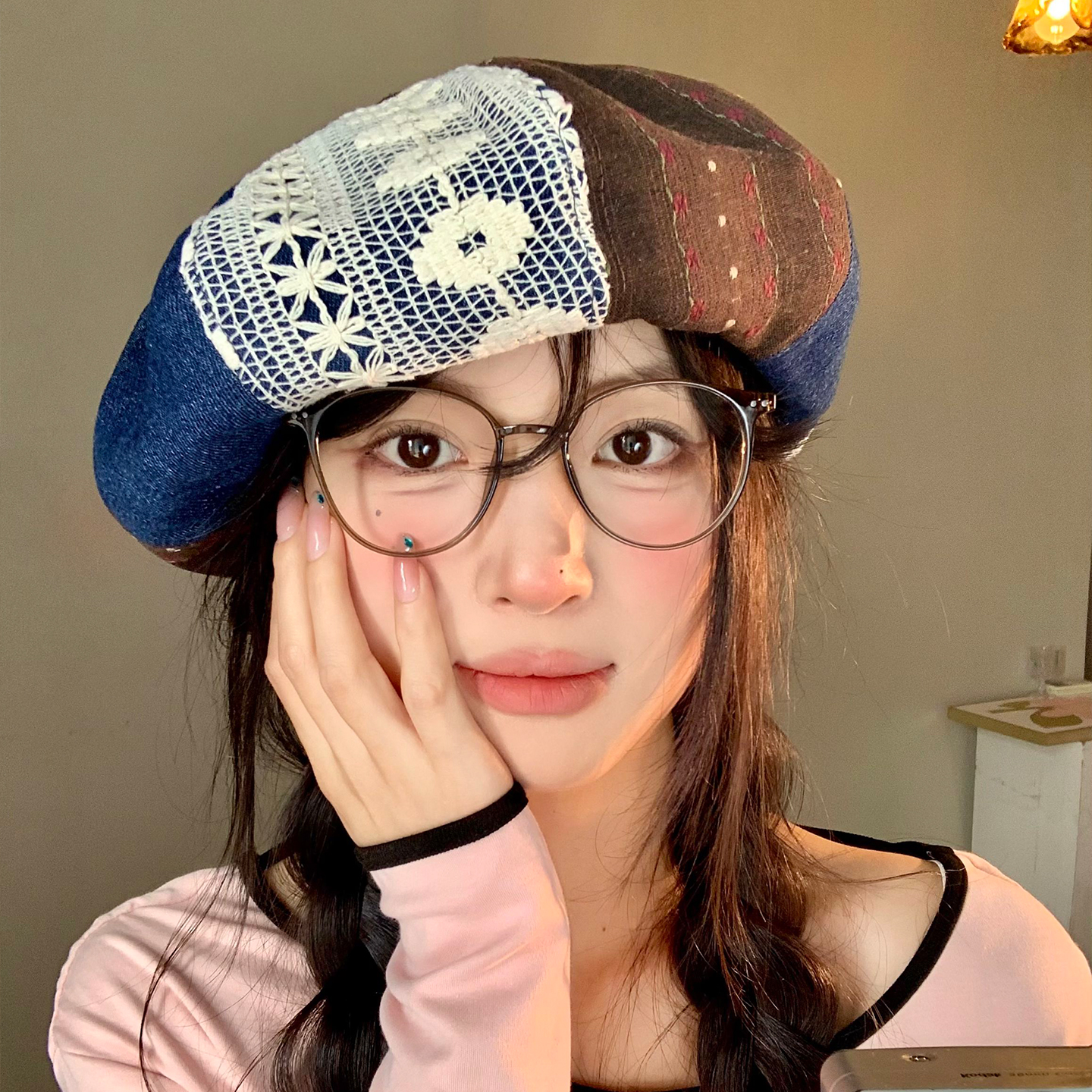 秋冬新款提花刺绣拼接贝雷帽女覆古大头围八角帽显脸小百搭0906z