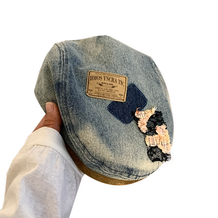 水洗牛仔贝雷帽女春夏款复古做旧大头围前进帽显脸小贴布画家帽子