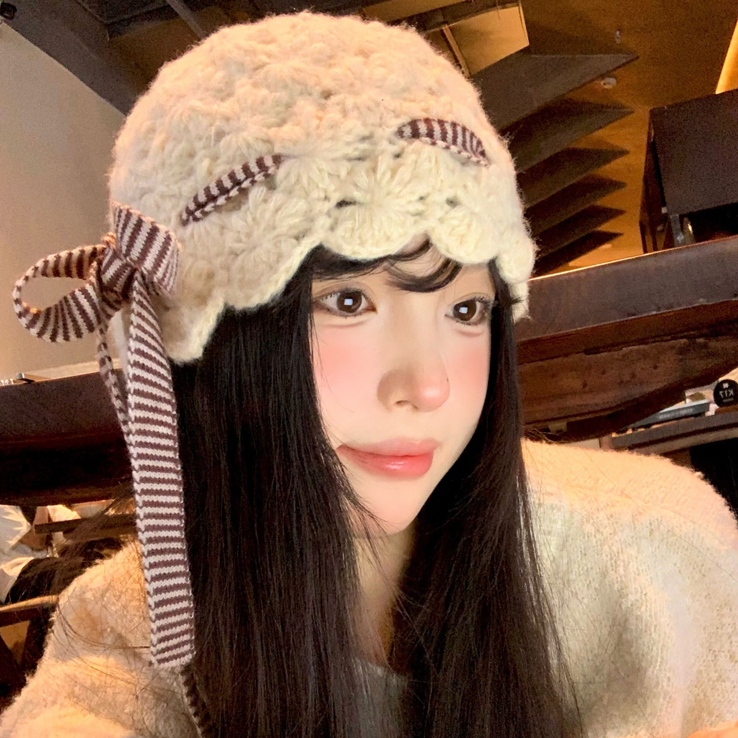 蝴蝶结飘带镂空针织帽女春秋季