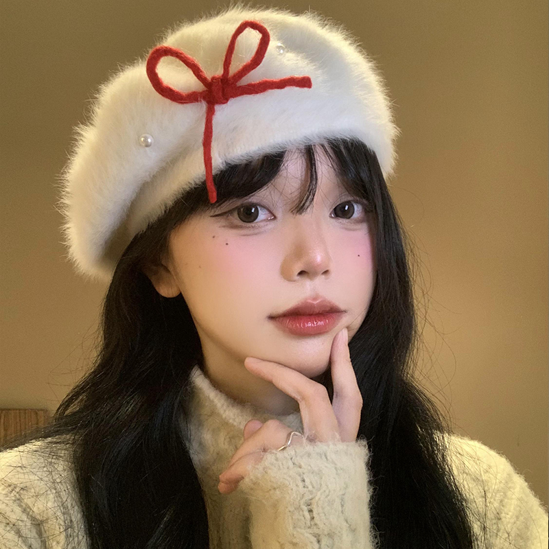 蝴蝶结白色毛绒贝雷帽女秋冬季韩系百搭画家帽显脸小保暖蓓蕾帽子
