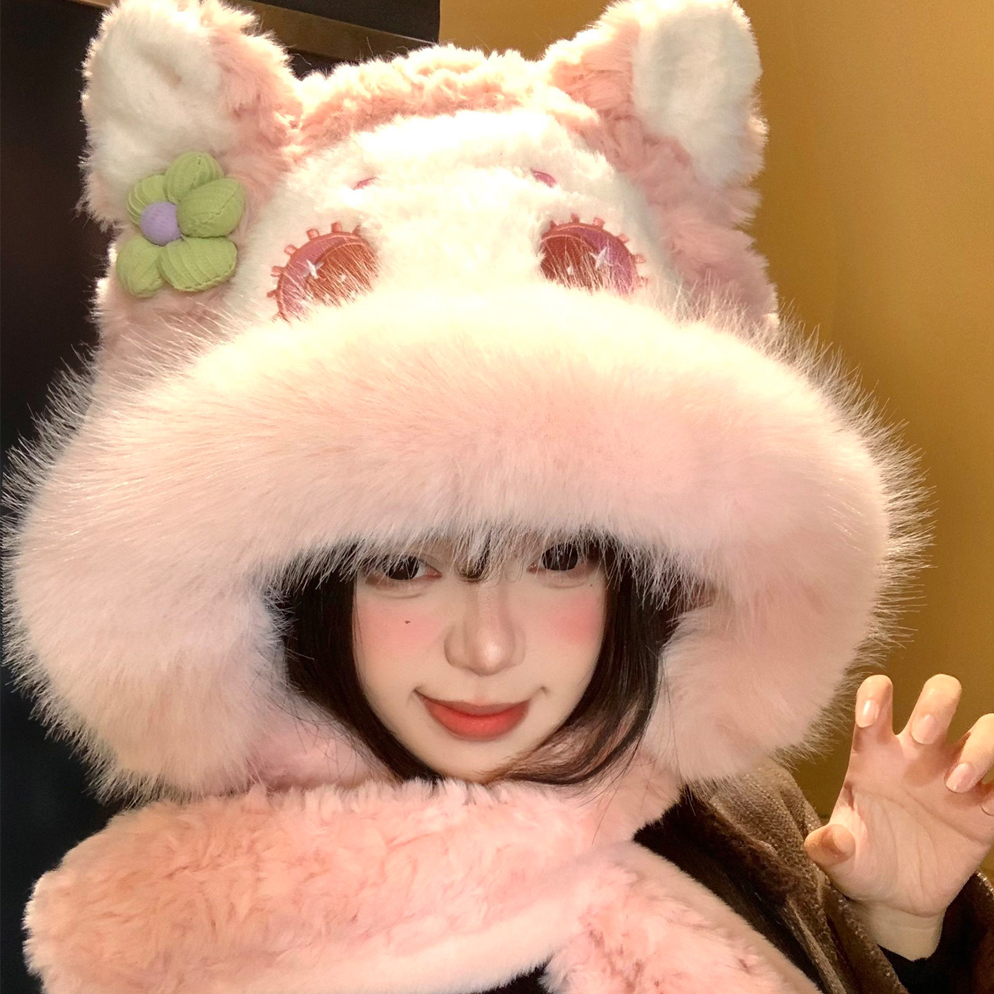 粉色猫耳朵毛绒帽子围巾一体女冬季加绒加厚保暖防寒护耳雷锋帽子,服饰配件/皮带/帽子/围巾,帽子,淘宝优惠券,粉丝福利购,淘宝优惠卷