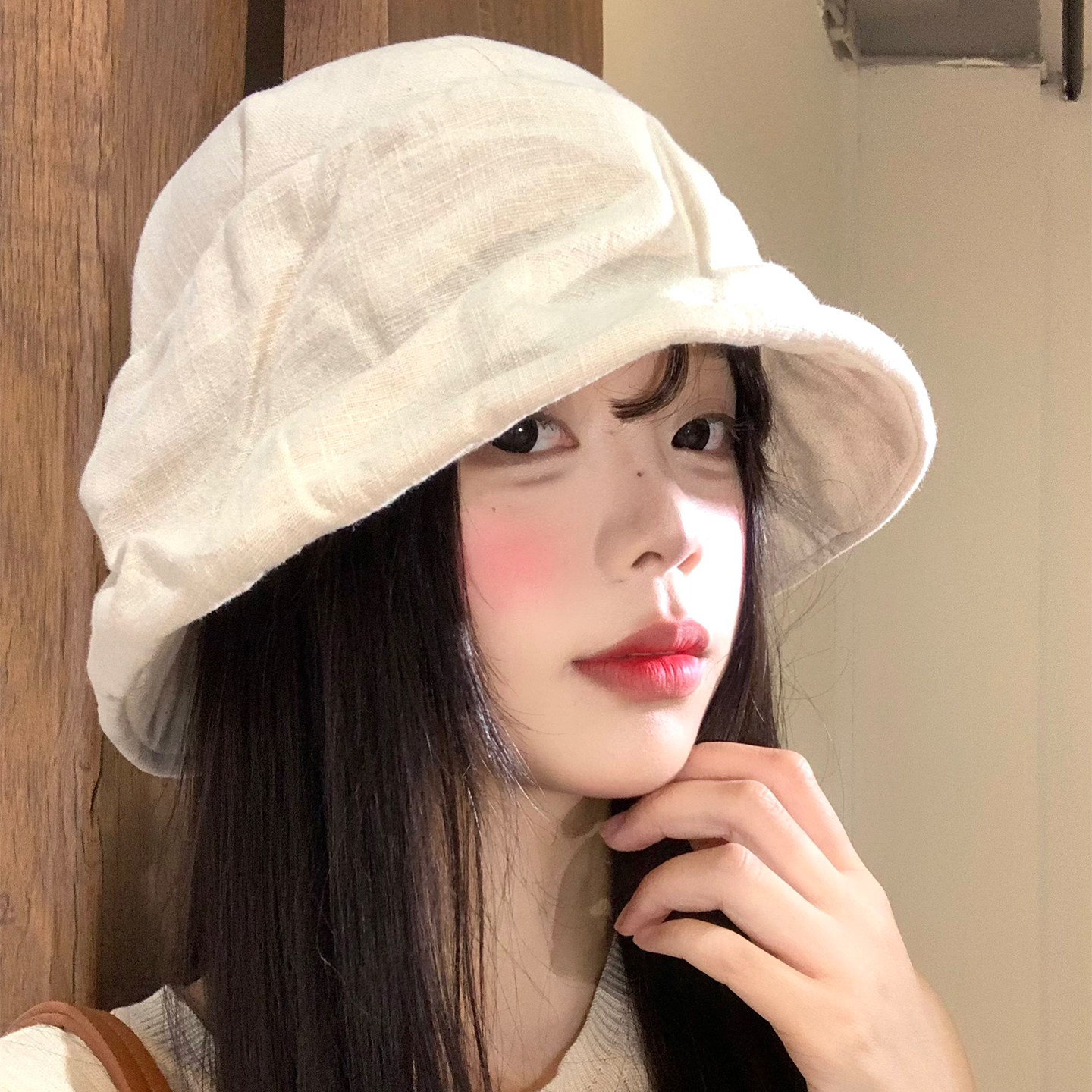 日系褶皱亚麻渔夫帽女夏季显脸小盆帽素颜百搭遮阳防晒帽水桶帽子