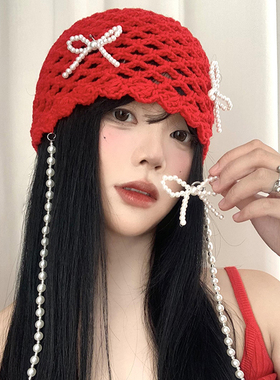 韩系珍珠蝴蝶结红色包头帽女复古镂空套头帽大头围显脸小针织帽子