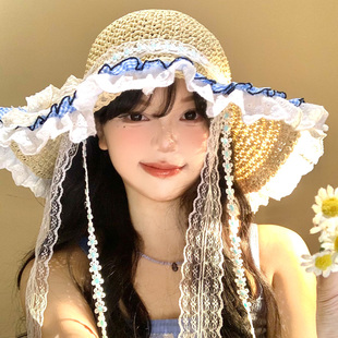 格纹蕾丝飘带草帽女夏季 海边沙滩度假风遮阳防晒帽大帽檐太阳帽子
