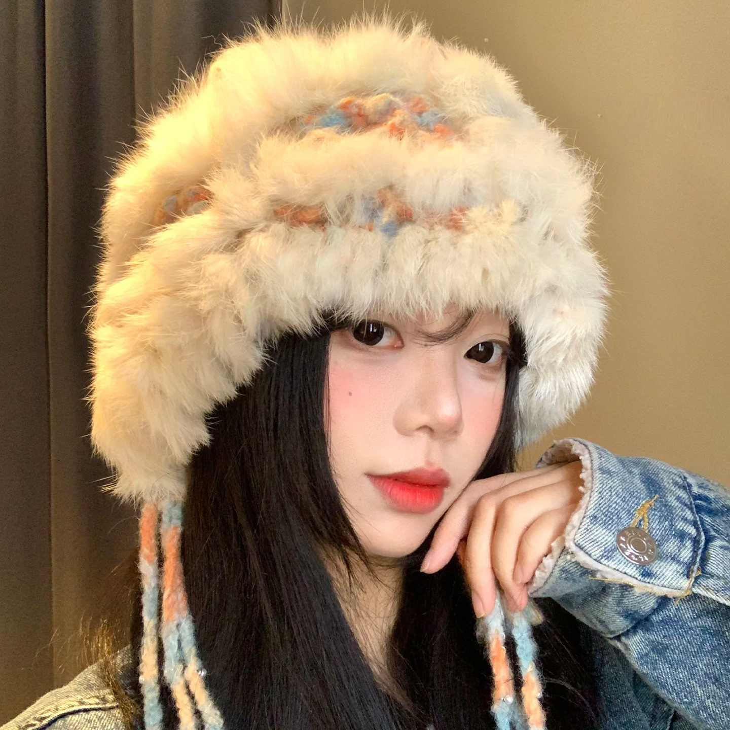 兔毛针织流苏醒狮帽女秋冬季云朵毛绒帽子大头围显脸小保暖毛线帽