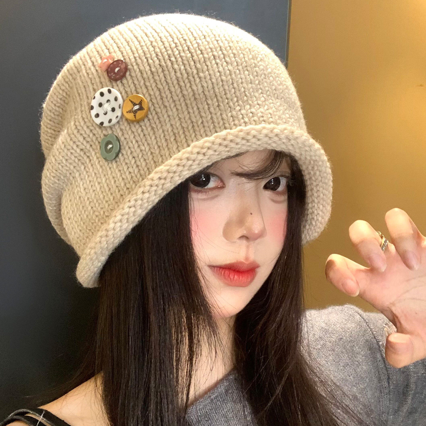 纽扣卷边针织堆堆帽女秋冬韩版百搭显脸小冷帽大头围保暖包头帽子