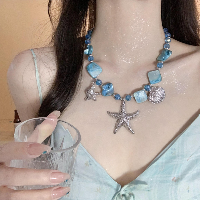 蓝色海岛度假风贝壳海星项链女图片