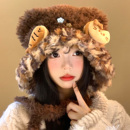 咖色小鱼猫咪毛绒护耳帽女秋冬显脸小针织毛线帽保暖防寒雷锋帽子