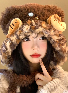 咖色小鱼猫咪毛绒护耳帽女秋冬显脸小针织毛线帽保暖防寒雷锋帽子