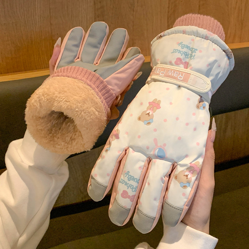 可触屏可爱小熊滑雪手套女冬季