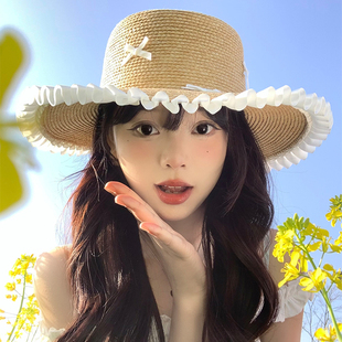 蝴蝶结蕾丝拉菲草帽女夏季 大帽檐遮阳防晒太阳帽子度假海边沙滩帽