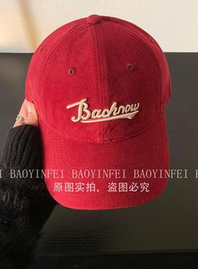 字母刺绣红色棒球帽女韩版百搭大头围鸭舌帽宽帽檐大脸显脸小帽子