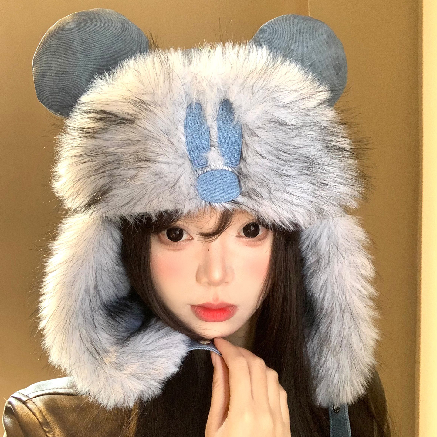 卡通可爱米奇毛绒护耳帽女冬季