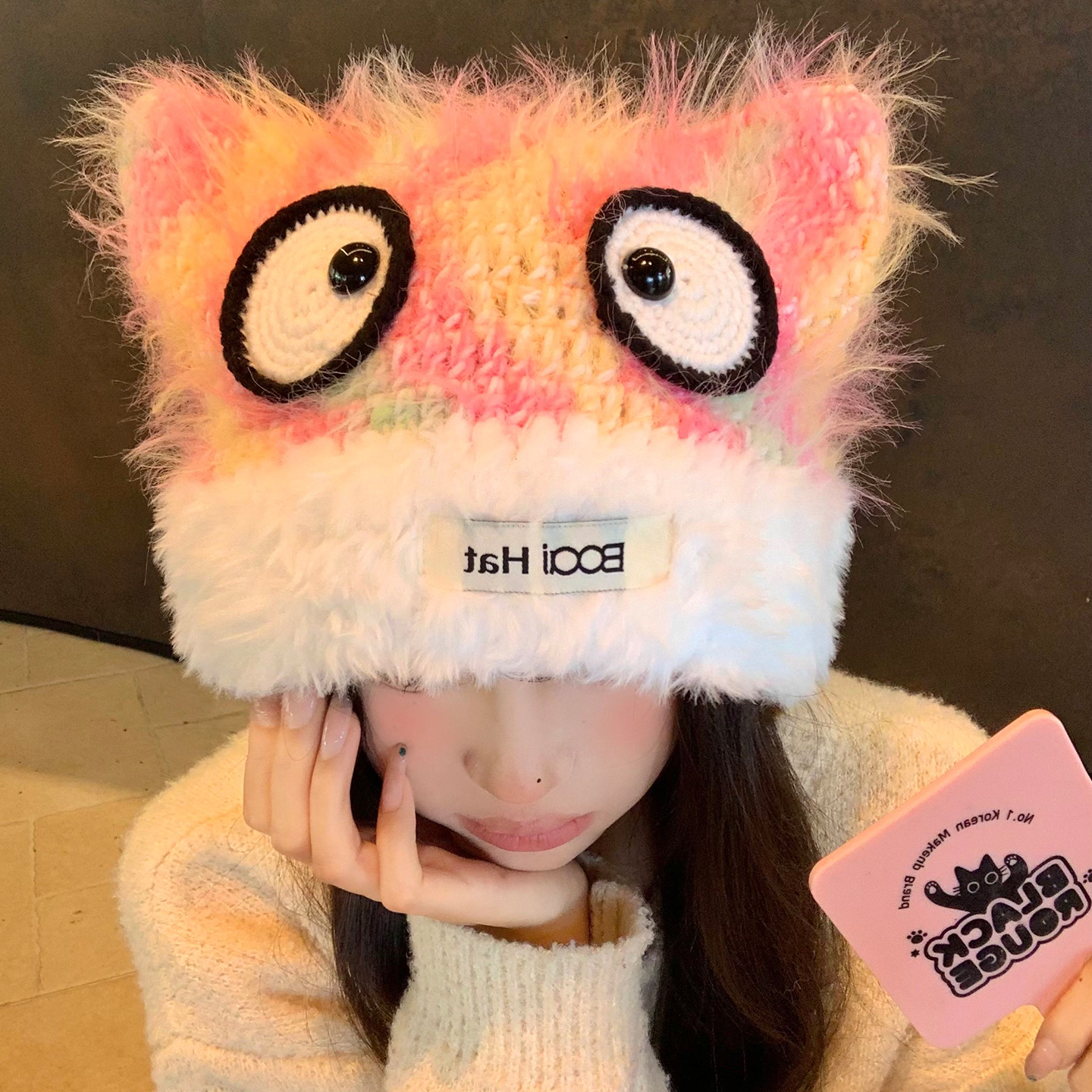 可爱彩色大眼猫耳朵针织帽显脸小