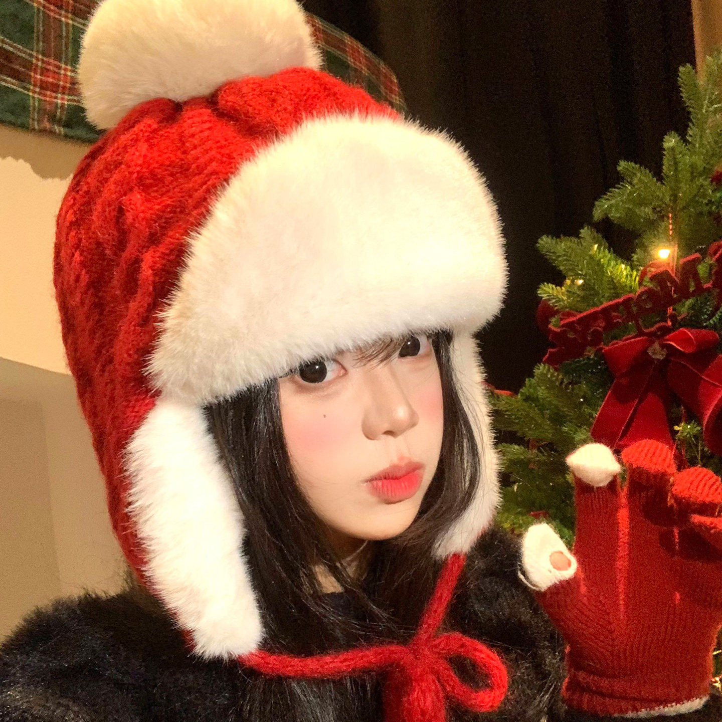 红色毛球护耳针织帽女冬季加绒