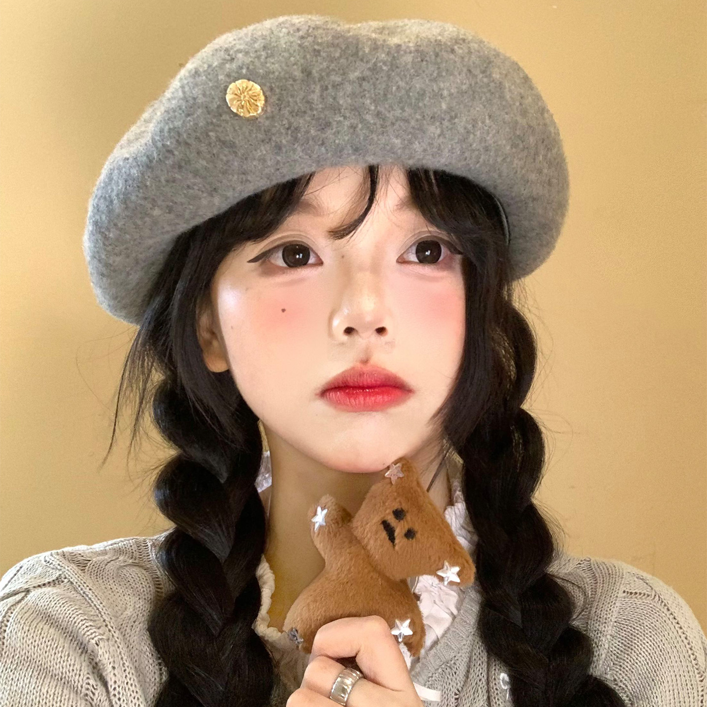 灰色毛呢贝雷帽女秋冬季韩版百搭