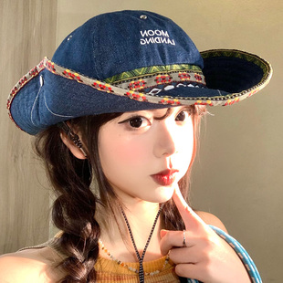 民族风复古刺绣渔夫帽子女大帽檐显脸小西部牛仔帽百搭户外登山帽
