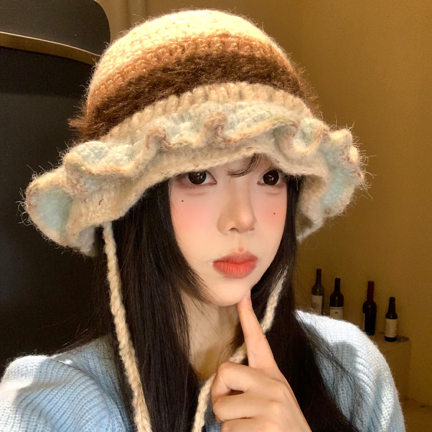 拼色花朵边针织渔夫帽韩版显脸小