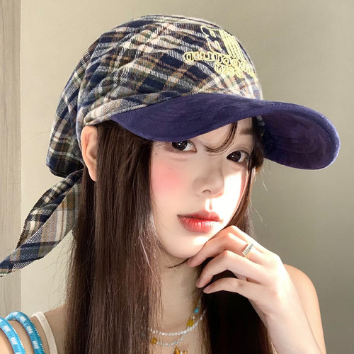 日系绑带莱克茵蓝格纹头巾帽子女