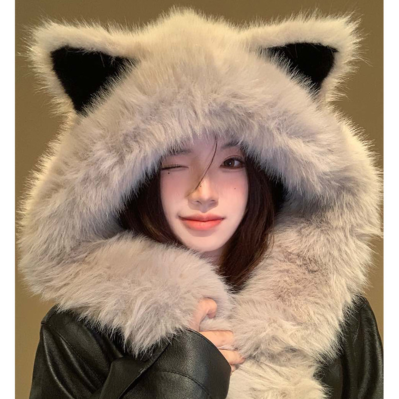 狐狸耳朵帽子围巾一体女冬季毛茸茸显脸小护耳加厚防寒保暖雷锋帽 - 宝茵菲旗舰店出品