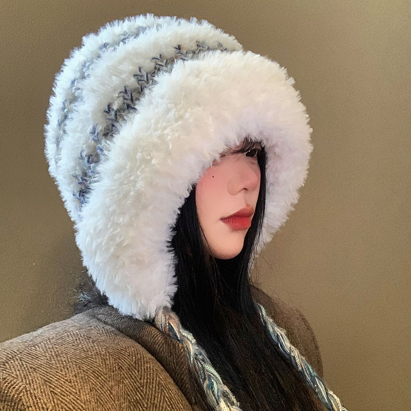 条纹针织毛绒帽女冬季