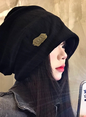 金属标黑色冷帽女秋冬季日系百搭大头围堆堆帽宽松显脸小保暖帽子