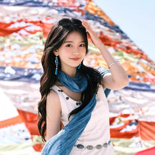 蓝色棉麻围巾女薄款大西北川西旅游长丝巾披肩文艺外搭氛围感穿搭