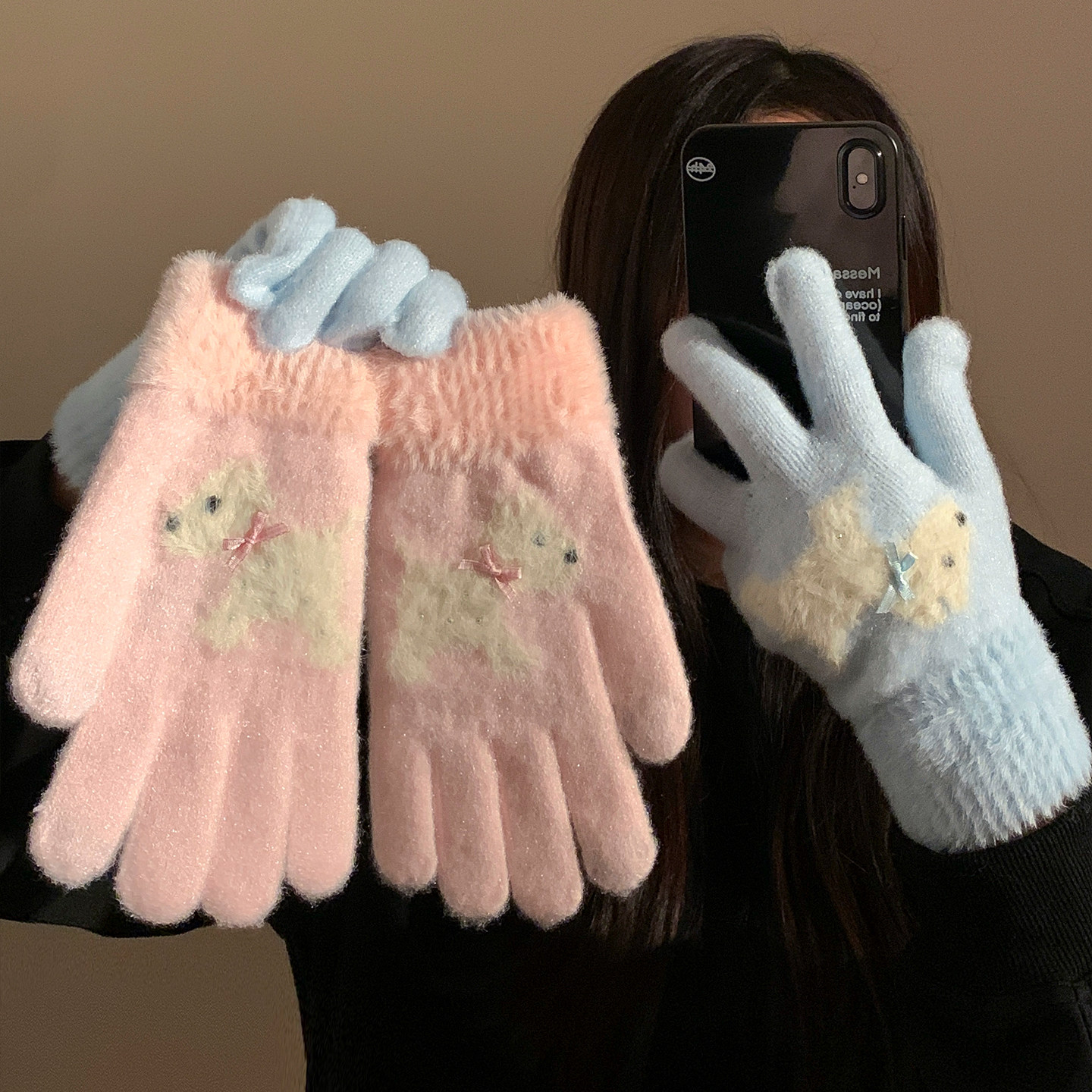 可爱小狗毛绒针织手套女冬季可触