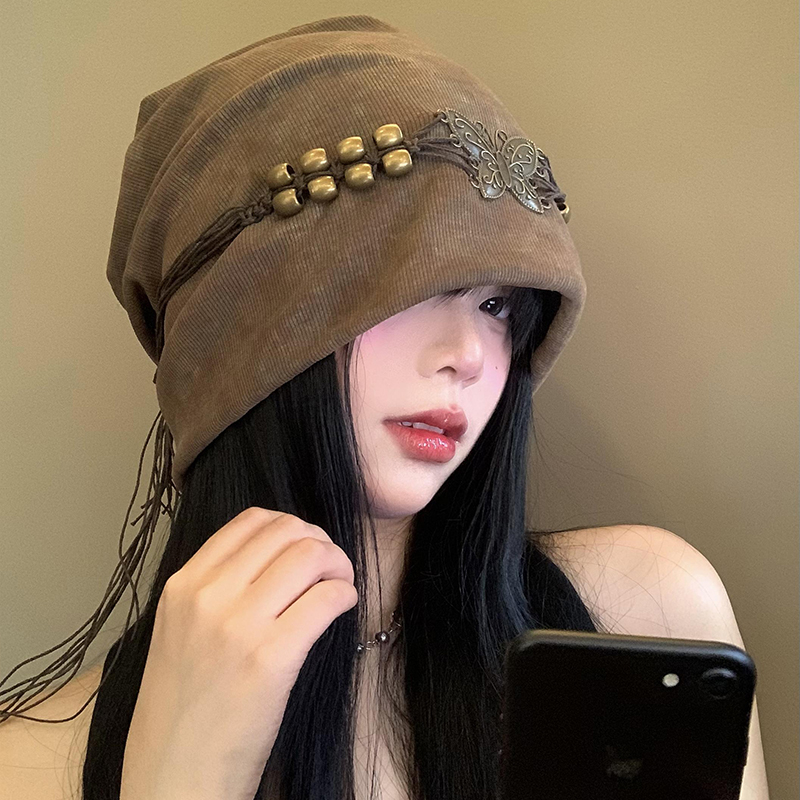 小众高级感扎染流苏串珠堆堆帽女