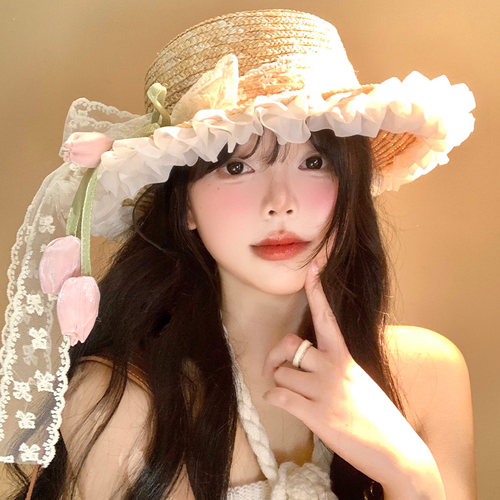蕾丝蝴蝶结郁金香草帽女夏季海边沙滩度假太阳帽子户外遮阳防晒帽