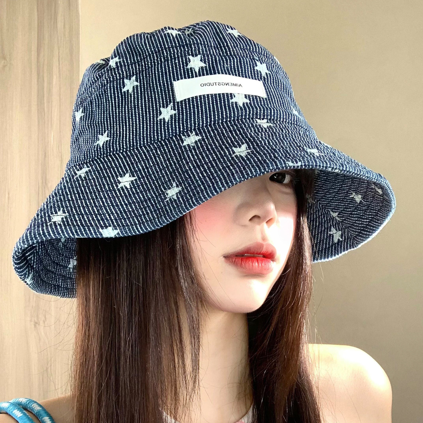 星星条纹牛仔渔夫帽女夏大帽檐遮阳防晒帽大头围显脸小水桶盆帽子